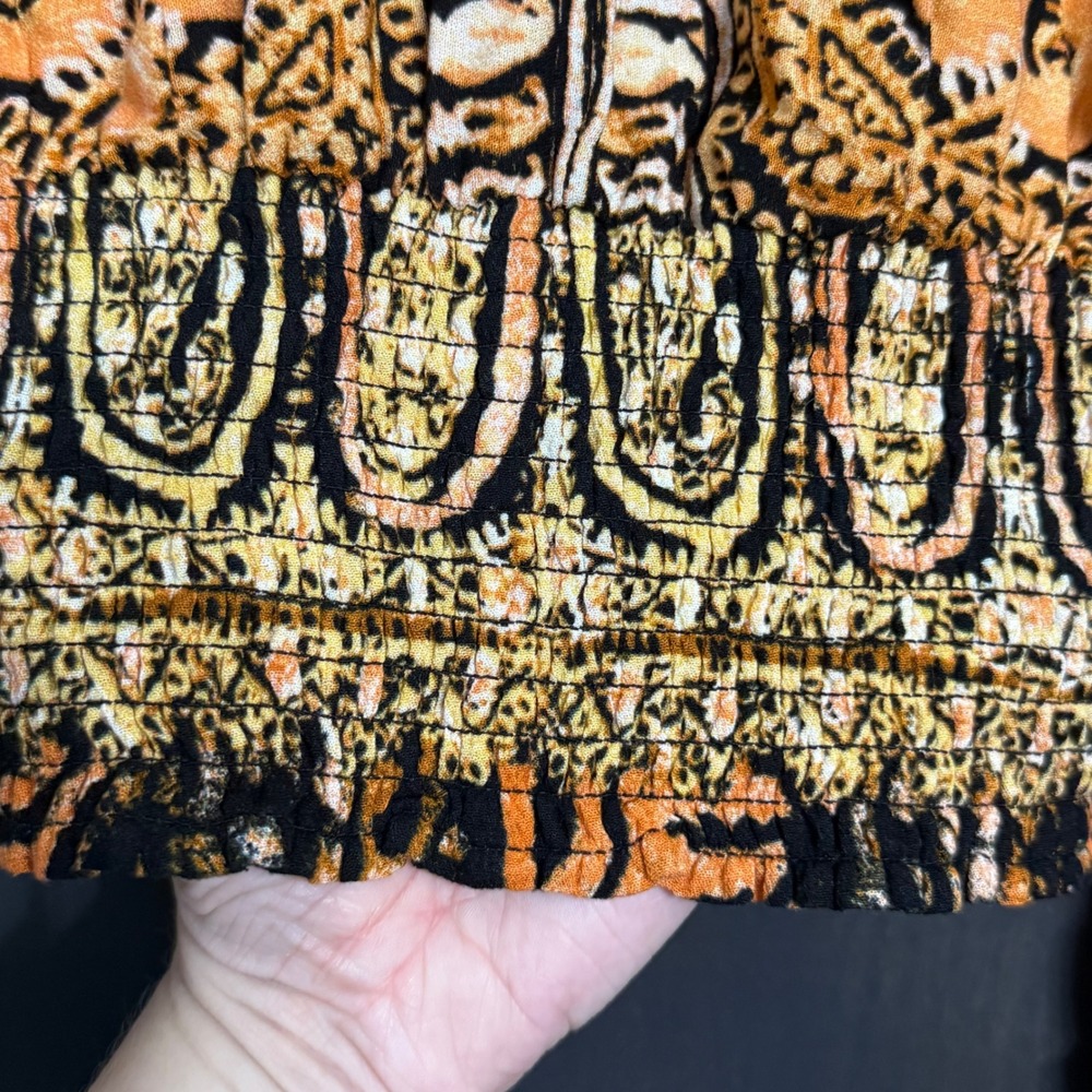 Free People Womens Orange Paisley Medallion Smocked Waist V-Neck Blouse Size M - Picture 8 of 8